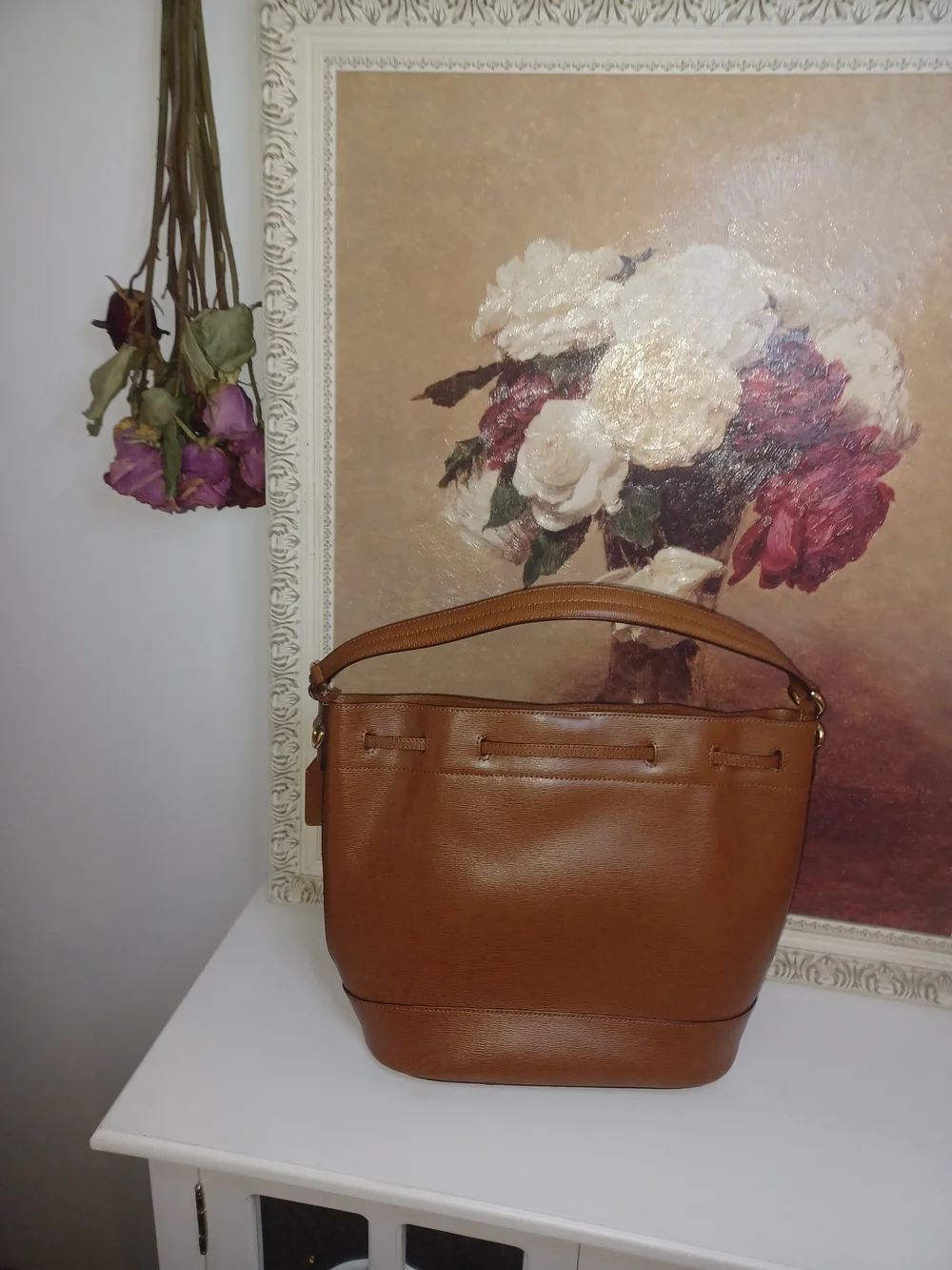 Lauren Ralph Lauren Brown Leather Drawstring Satchel with Gold Hardware